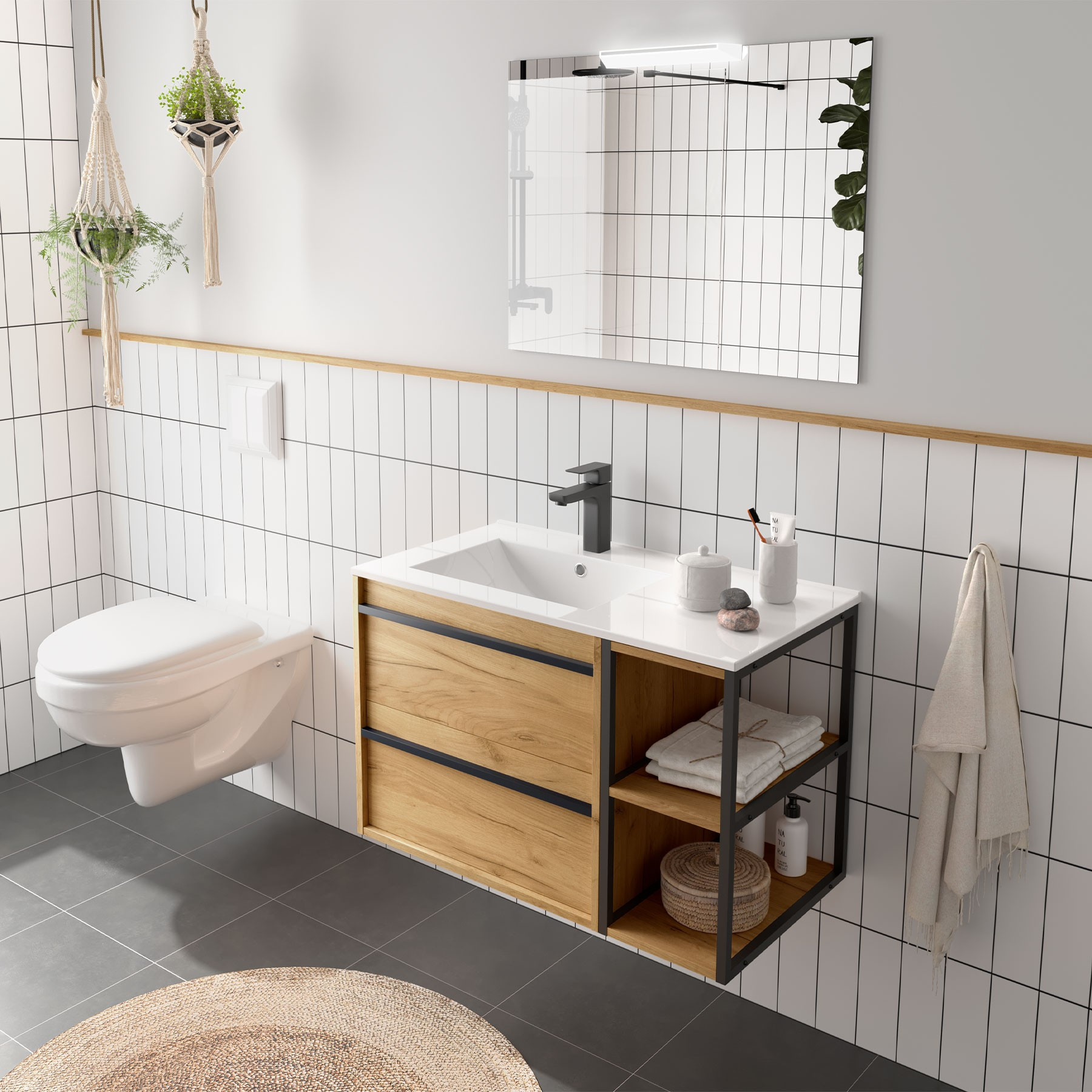 Mobile da Bagno Sospeso 85 cm con Vano Lavabo e Specchio Inclusi Rovere Africa | Salgar Attila