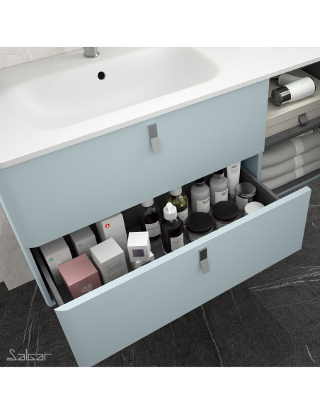 Mobile da Bagno Sospeso 90 cm con Piedini - Lavabo e Specchio Inclusi Cromo Blue Fog | Uniiq
