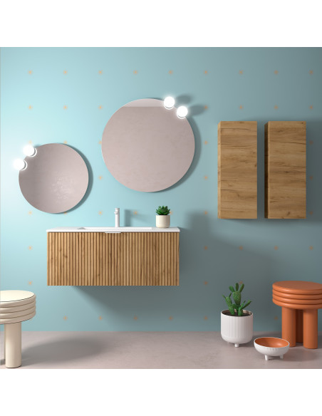 Mobile da Bagno Sospeso Cannettato 100 cm Lavabo e Specchio Inclusi Rovere Africa | Salgar Biba