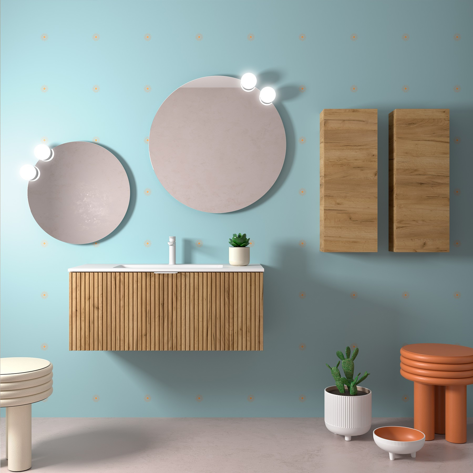 Mobile da Bagno Sospeso Cannettato 100 cm Lavabo e Specchio Inclusi Rovere Africa | Salgar Biba