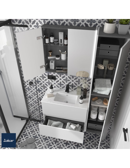 Mobile da Bagno Sospeso 70 cm Profondità Ridotta Lavabo e Specchio Inclusi Bianco Opaco | Salgar Fussion Line