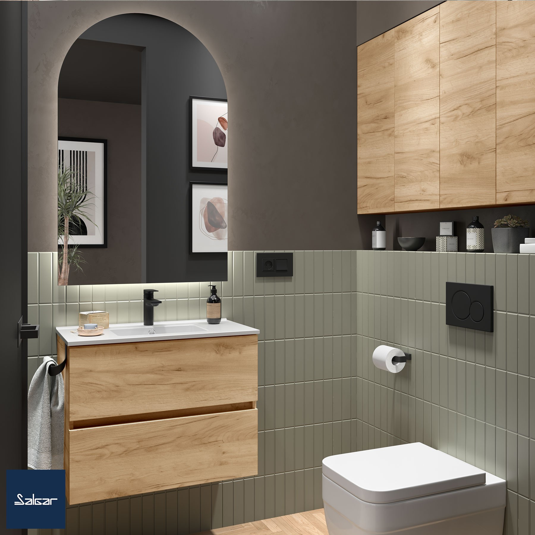 Mobile da Bagno Sospeso 70 cm Profondità Ridotta Lavabo e Specchio Inclusi Rovere Africa | Fussion Line