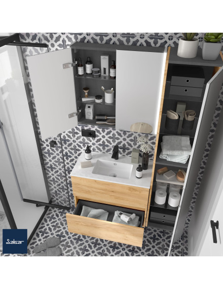 Mobile da Bagno Sospeso 70 cm Profondità Ridotta Lavabo e Specchio Inclusi Rovere Africa | Fussion Line