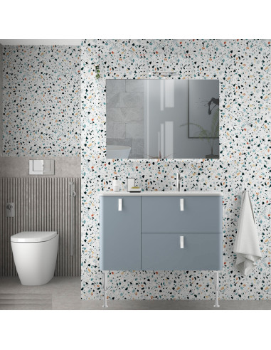 Mobile da Bagno Sospeso 90 cm con Piedini - Lavabo e Specchio Inclusi Cromo Blue Fog | Uniiq