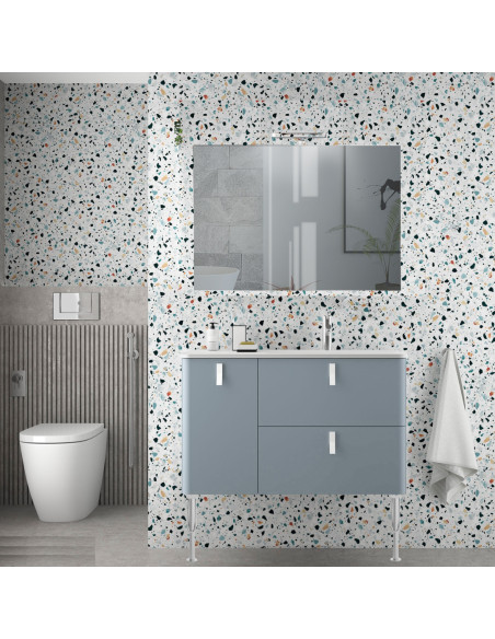 Mobile da Bagno Sospeso 90 cm con Piedini - Lavabo e Specchio Inclusi Cromo Blue Fog | Uniiq