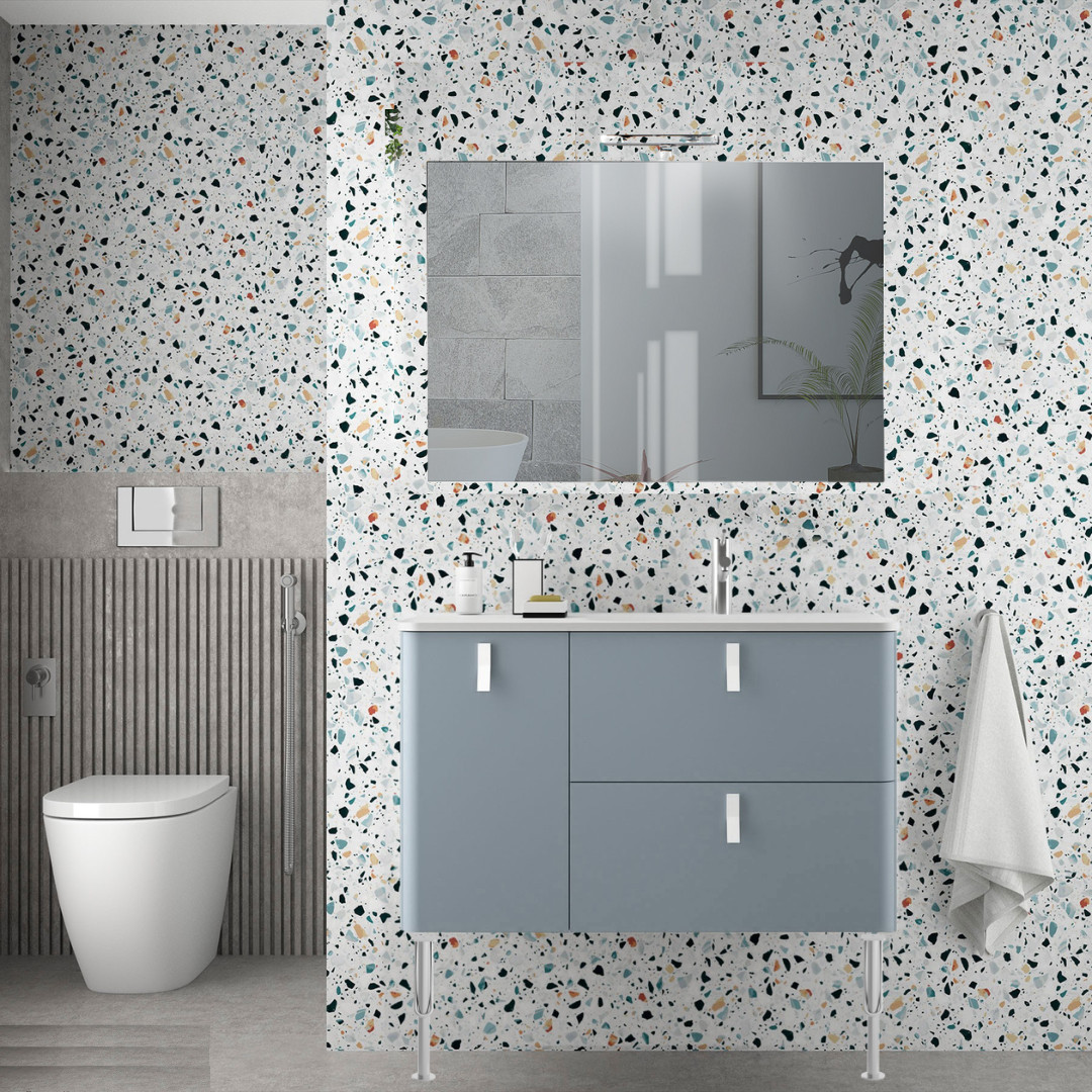 Mobile da Bagno Sospeso 90 cm con Piedini - Lavabo e Specchio Inclusi Cromo Blue Fog | Uniiq