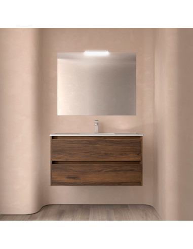 Mobile da Bagno Sospeso 100 cm Lavabo e Specchio Inclusi Noce Maya | Salgar Noja