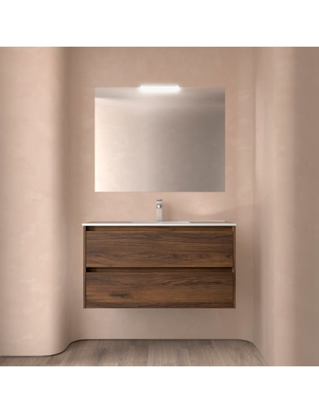 Mobile da Bagno Sospeso 100 cm Lavabo e Specchio Inclusi Noce Maya | Salgar Noja