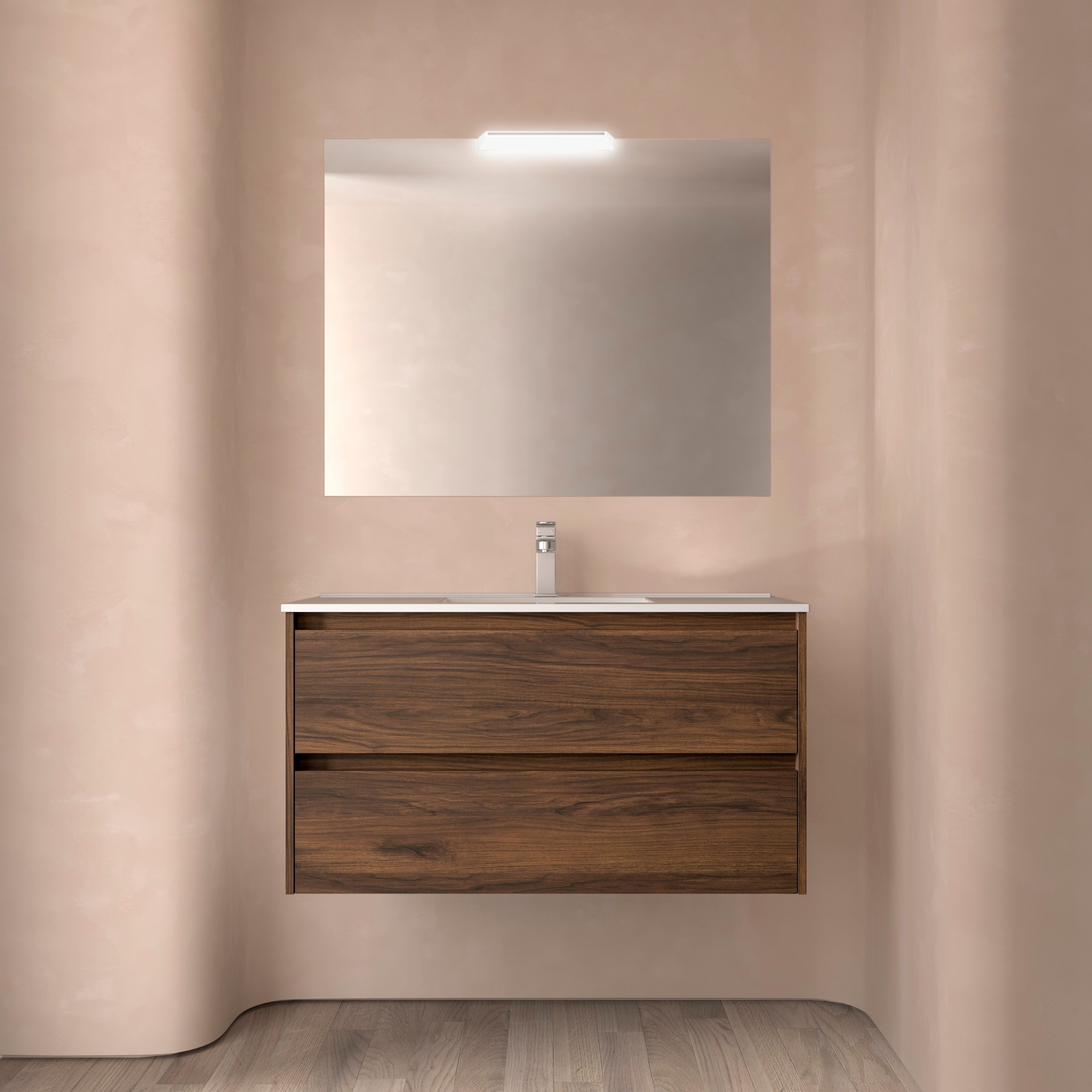 Mobile da Bagno Sospeso 100 cm Lavabo e Specchio Inclusi Noce Maya | Salgar Noja