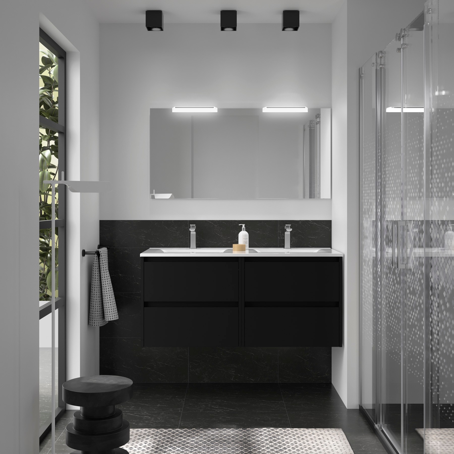 Doppio Mobile da Bagno Sospeso 120 cm Lavabo e Specchio Inclusi Nero Opaco | Salgar Noja