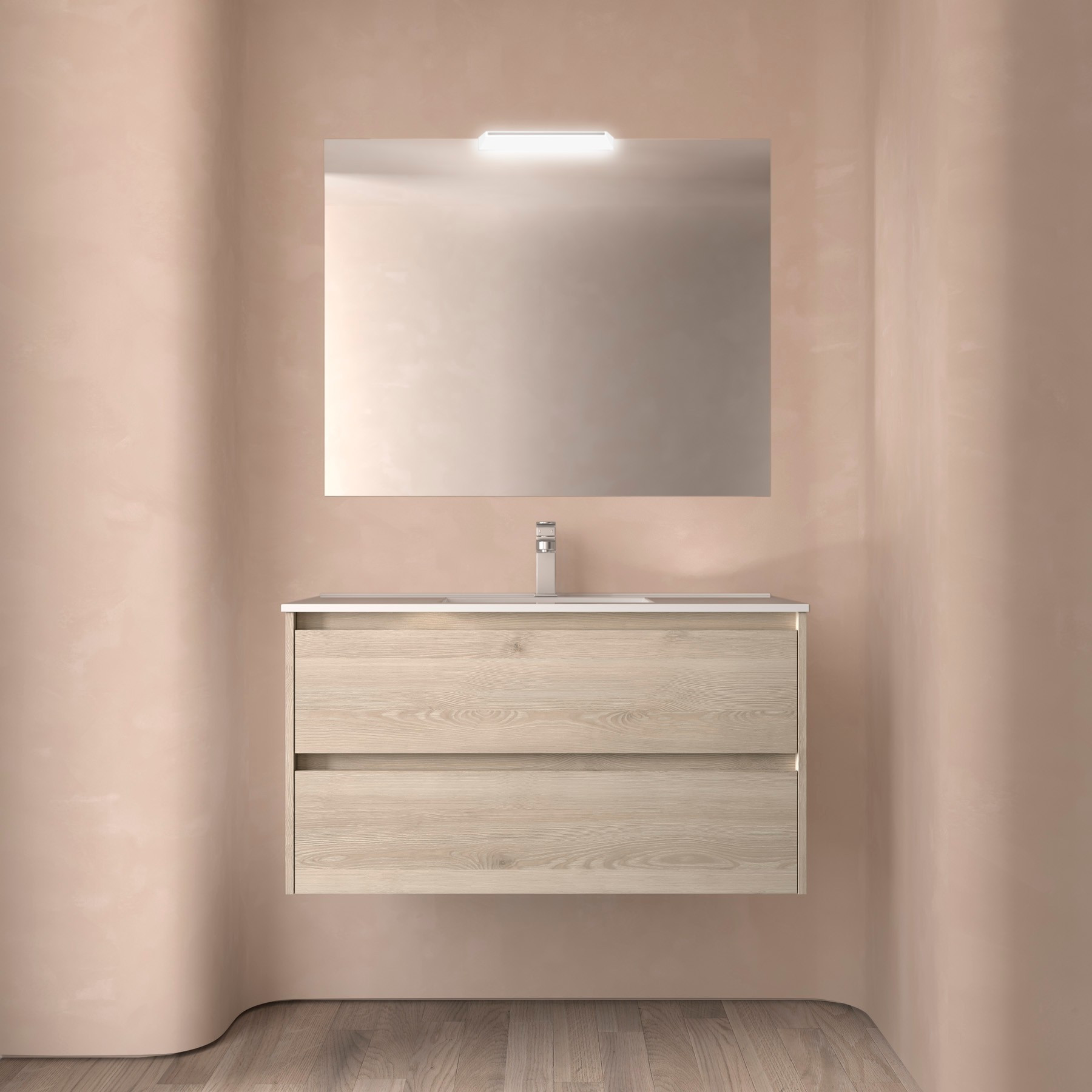 Mobile da Bagno Sospeso 100 cm Lavabo e Specchio Inclusi Natural | Salgar Noja