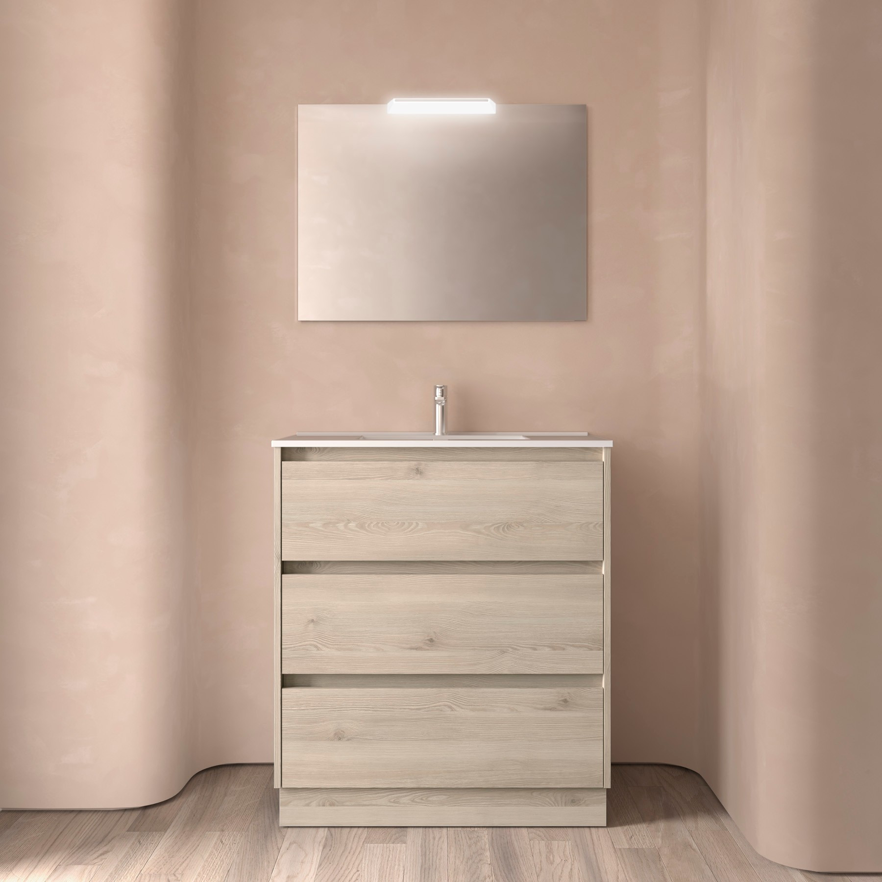 Mobile da Bagno a Terra 80 cm Lavabo e Specchio Inclusi Natural | Salgar Noja
