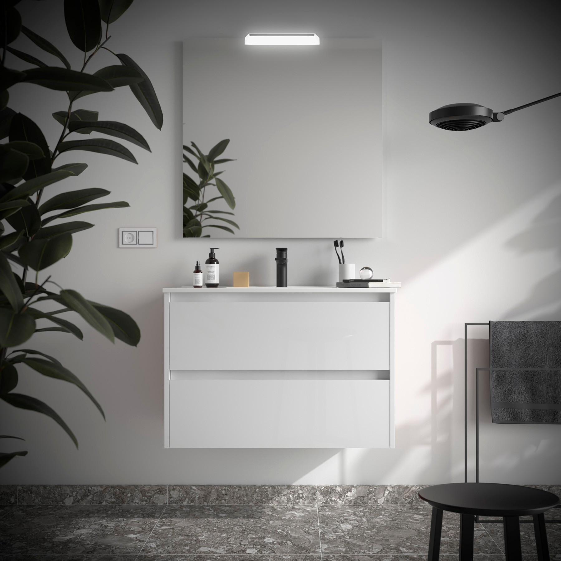 Mobile da Bagno Sospeso 90 cm Lavabo e Specchio Inclusi Bianco Lucido | Salgar Noja