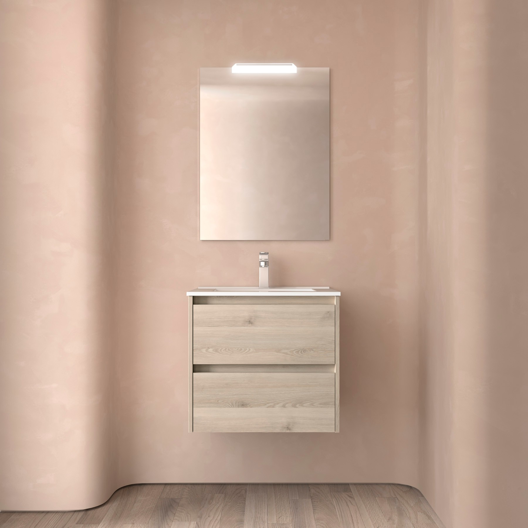 Mobile da Bagno Sospeso 60 cm Lavabo e Specchio Inclusi Natural | Salgar Noja