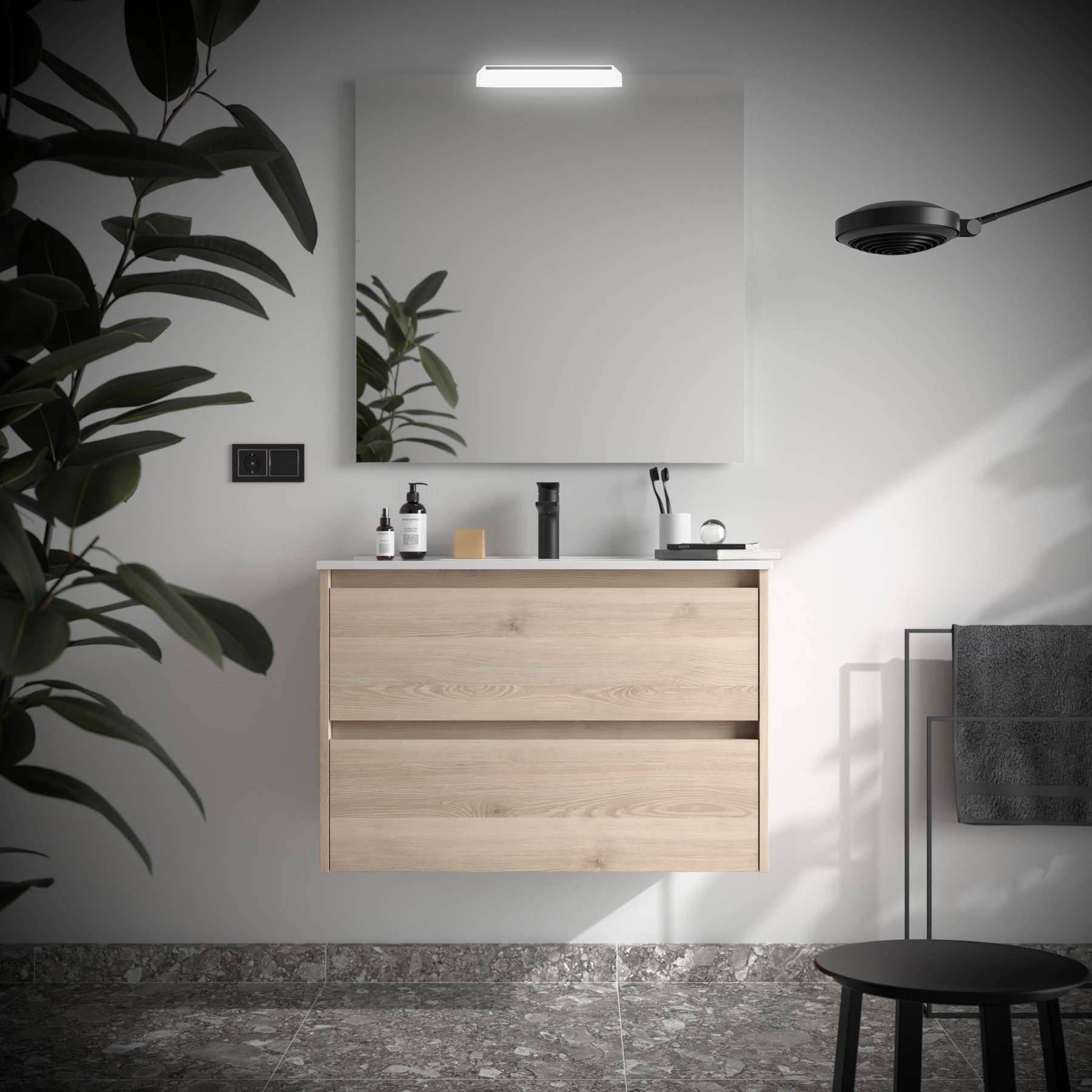 Mobile da Bagno Sospeso 90 cm Lavabo e Specchio Inclusi Natural | Salgar Noja