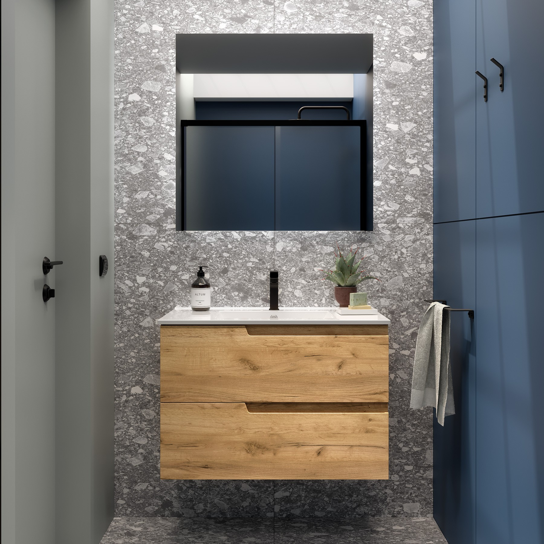 Mobile da Bagno Sospeso 80 cm Lavabo e Specchio Inclusi Rovere Africa | Salgar Vima