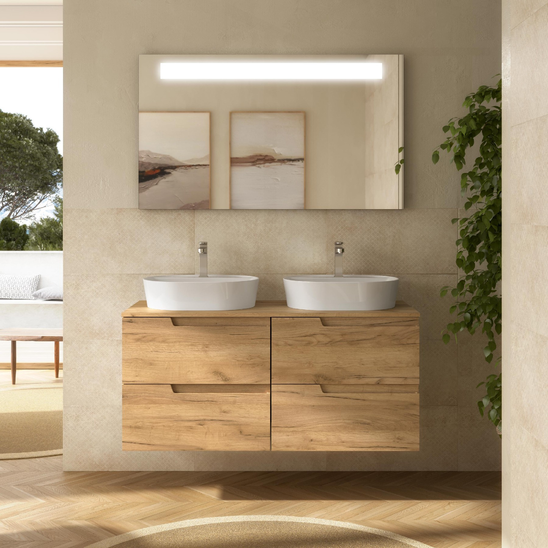 Mobile da Bagno Sospeso 120 cm con Top e Specchio Inclusi Rovere Africa | Salgar Vima