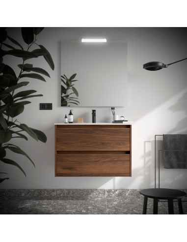 Mobile da Bagno Sospeso 80 cm Lavabo e Specchio Inclusi Noce Maya | Salgar Noja Mobili Sospesi
