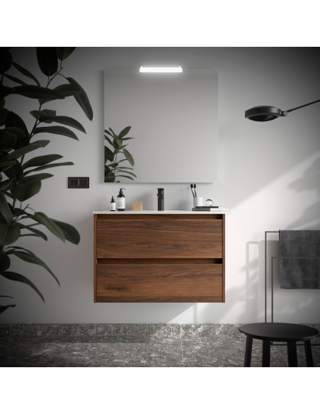 Mobile da Bagno Sospeso 80 cm Lavabo e Specchio Inclusi Noce Maya | Salgar Noja Mobili Sospesi
