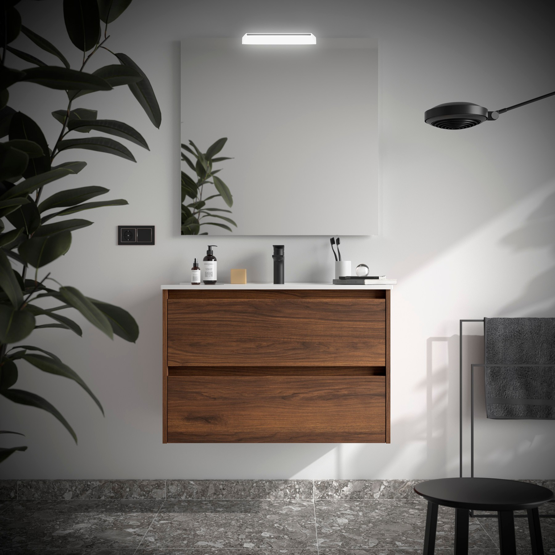 Mobile da Bagno Sospeso 80 cm Lavabo e Specchio Inclusi Noce Maya | Salgar Noja