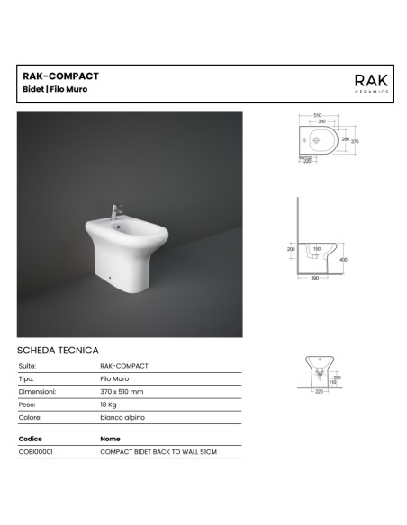 Coppia Sanitari Filomuro Vaso e Bidet  a Terra + Coprivaso Tradizionale | Rak Compact 51.37 Coppia Sanitari