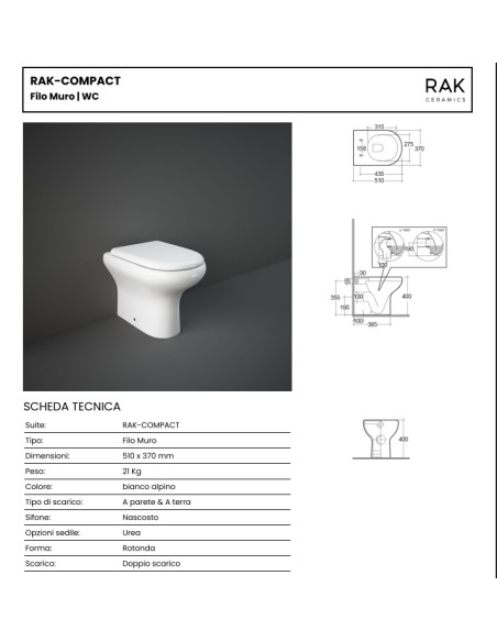 Coppia Sanitari Filomuro Vaso e Bidet  a Terra + Coprivaso Tradizionale | Rak Compact 51.37 Coppia Sanitari