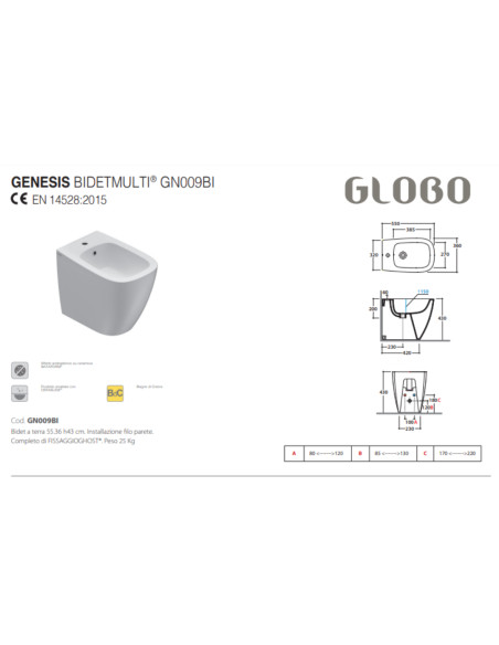 Coppia Sanitari Filomuro Vaso e Bidet Senza Brida + Coprivaso Soft-Close | Globo Genesis Multi 55.36 Coppia Sanitari