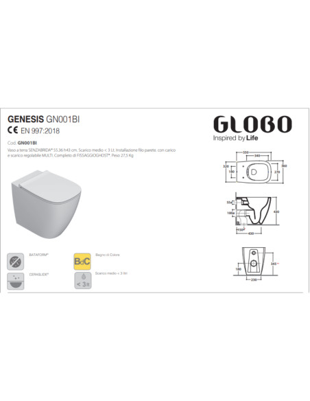Coppia Sanitari Filomuro Vaso e Bidet Senza Brida + Coprivaso Soft-Close | Globo Genesis Multi 55.36 Coppia Sanitari