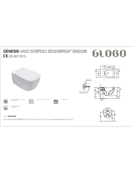 Coppia Sanitari Sospesi Vaso e Bidet Senza Brida  + Coprivaso Soft-Close | Globo Genesis Multi  55.36 Coppia Sanitari