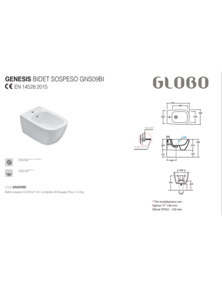 Coppia Sanitari Sospesi Vaso e Bidet Senza Brida  + Coprivaso Soft-Close | Globo Genesis Multi  55.36 Coppia Sanitari