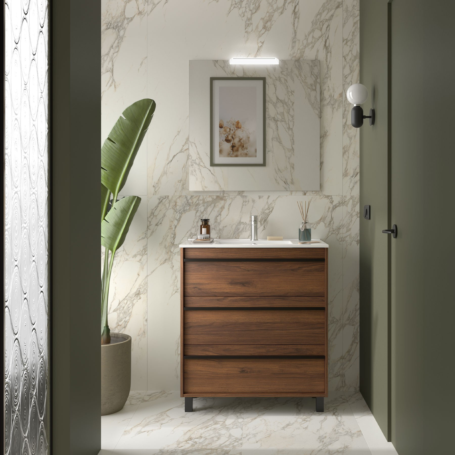 Mobile da Bagno a Terra 80 cm Lavabo e Specchio Inclusi Noce Maya | Salgar Attila