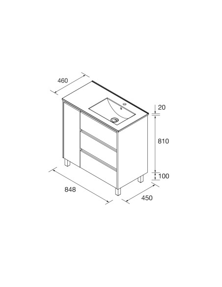 Mobile da Bagno a Terra 85 cm con Anta e Tre Cassetti Lavabo e Specchio Inclusi Rovere Africa | Salgar Noja