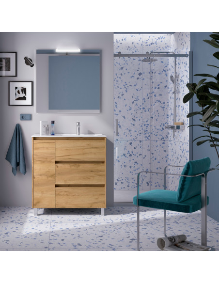 Mobile da Bagno a Terra 85 cm con Anta e Tre Cassetti Lavabo e Specchio Inclusi Rovere Africa | Salgar Noja