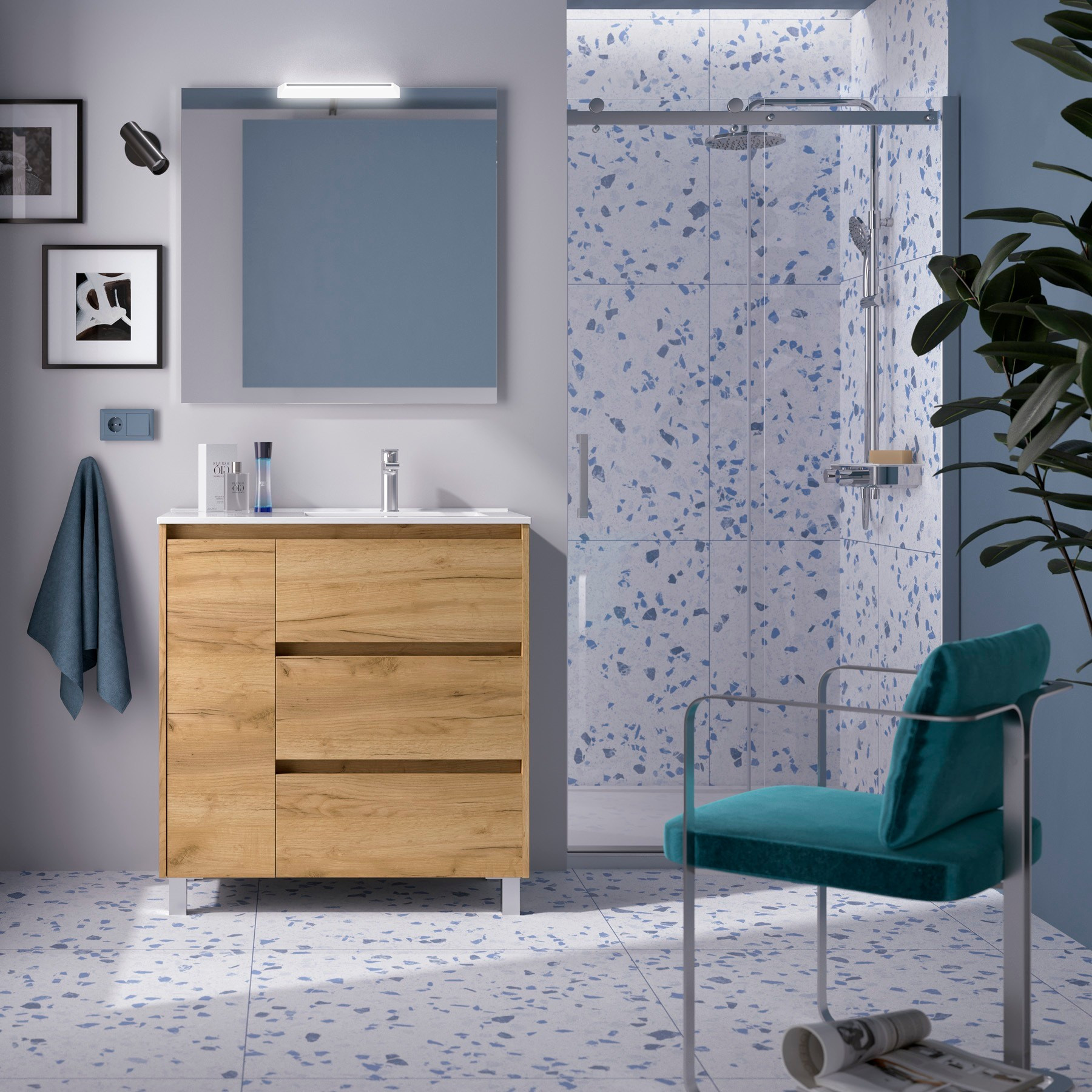 Mobile da Bagno a Terra 85 cm con Anta e Tre Cassetti Lavabo e Specchio Inclusi Rovere Africa | Salgar Noja