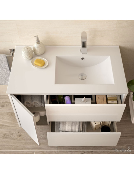 Mobile da Bagno a Terra 85 cm con Anta e Tre Cassetti Lavabo e Specchio Inclusi Rovere Africa | Salgar Noja