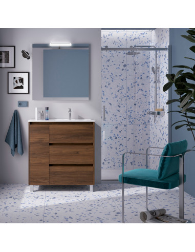 Mobile da Bagno a Terra 85 cm con Anta e Tre Cassetti Lavabo e Specchio Inclusi Noce Maya | Salgar Noja