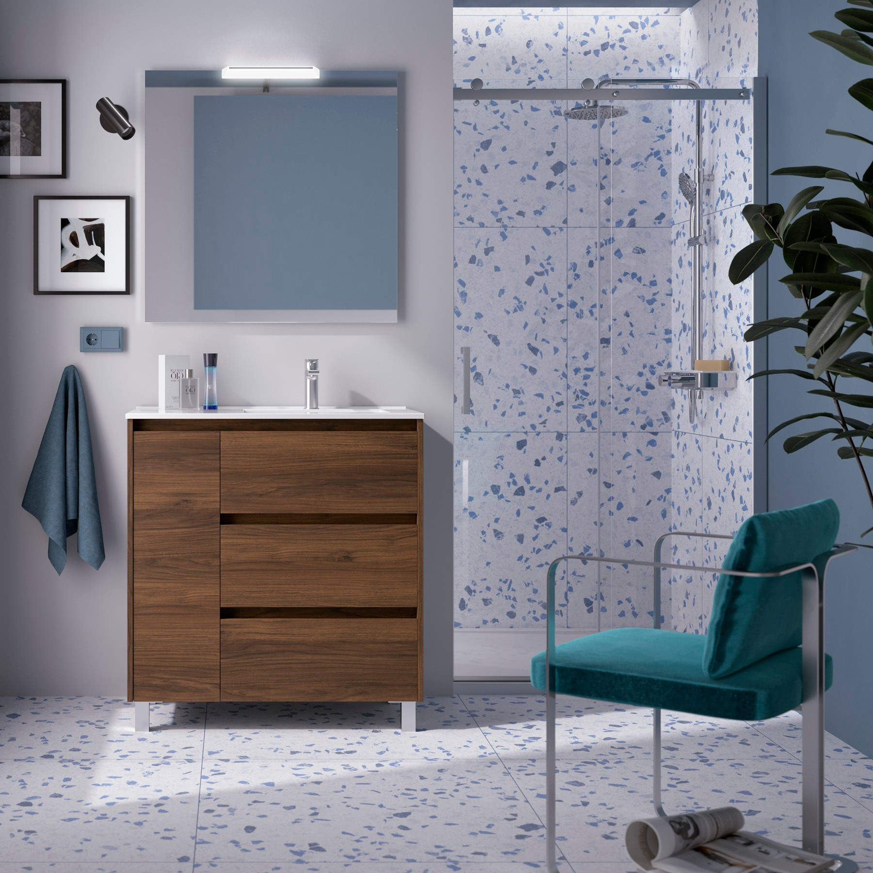 Mobile da Bagno a Terra 85 cm con Anta e Tre Cassetti Lavabo e Specchio Inclusi Noce Maya | Salgar Noja