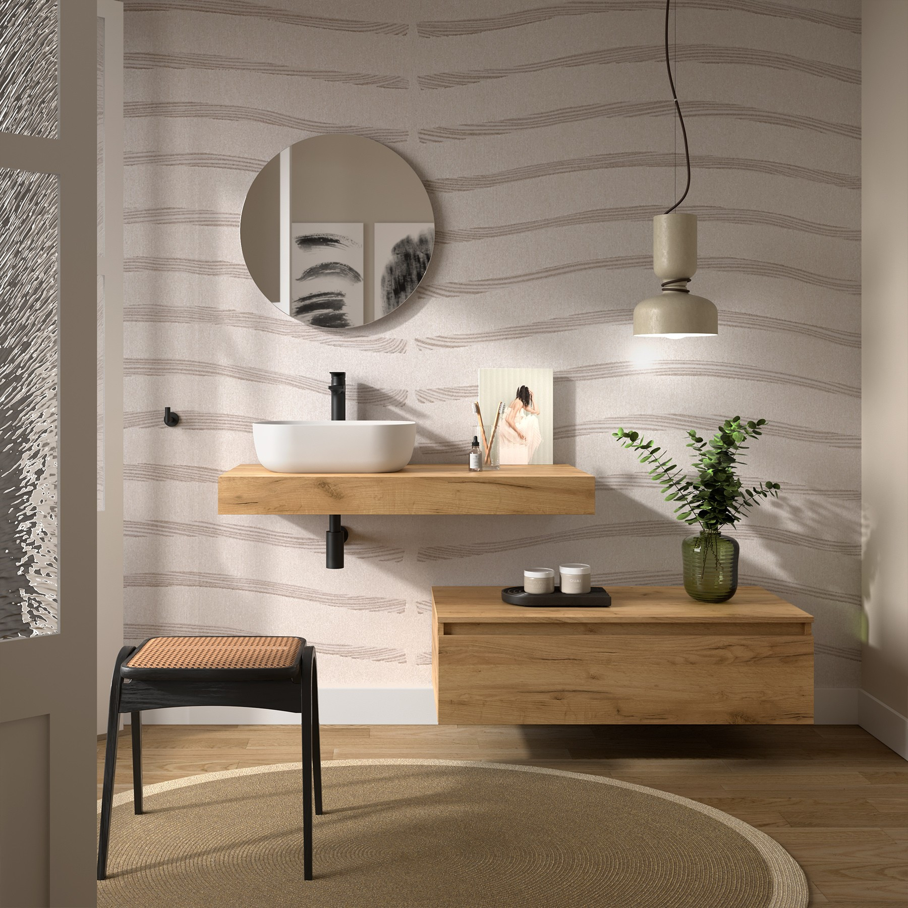 Mobile da Bagno Sospeso 100 cm con Top e Cassettone Rovere Africa Specchio Incluso  | Salgar Domus