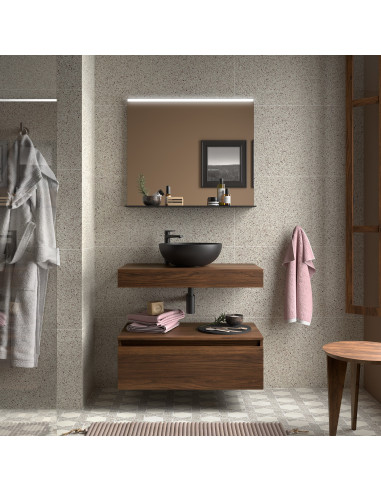 Mobile da Bagno Sospeso 80 cm con Top e Cassettone Noce Maya Specchio Incluso  | Salgar Domus