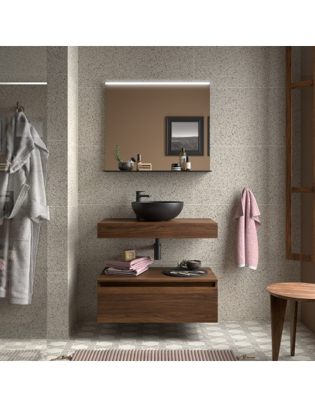 Mobile da Bagno Sospeso 80 cm con Top e Cassettone Noce Maya Specchio Incluso  | Salgar Domus