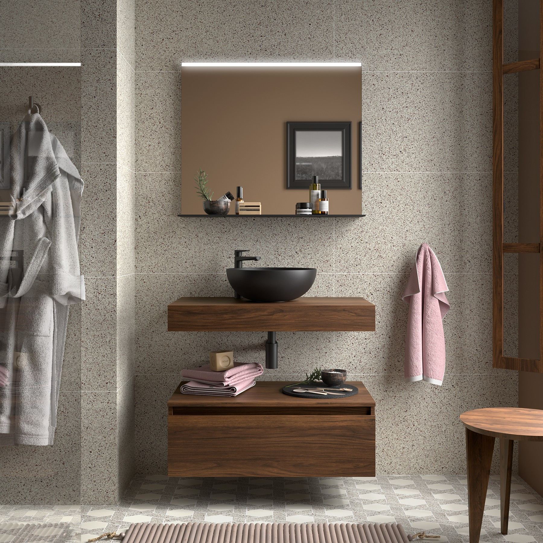 Mobile da Bagno Sospeso 80 cm con Top e Cassettone Noce Maya Specchio Incluso  | Salgar Domus