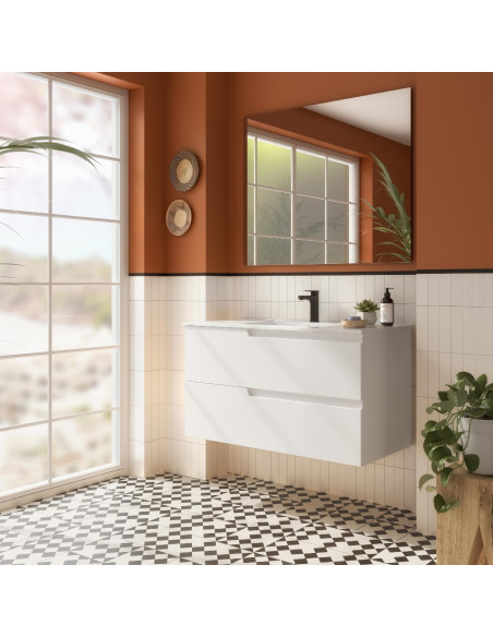 Mobile da Bagno Sospeso 100 cm Lavabo e Specchio Inclusi Bianco Opaco | Salgar Vima