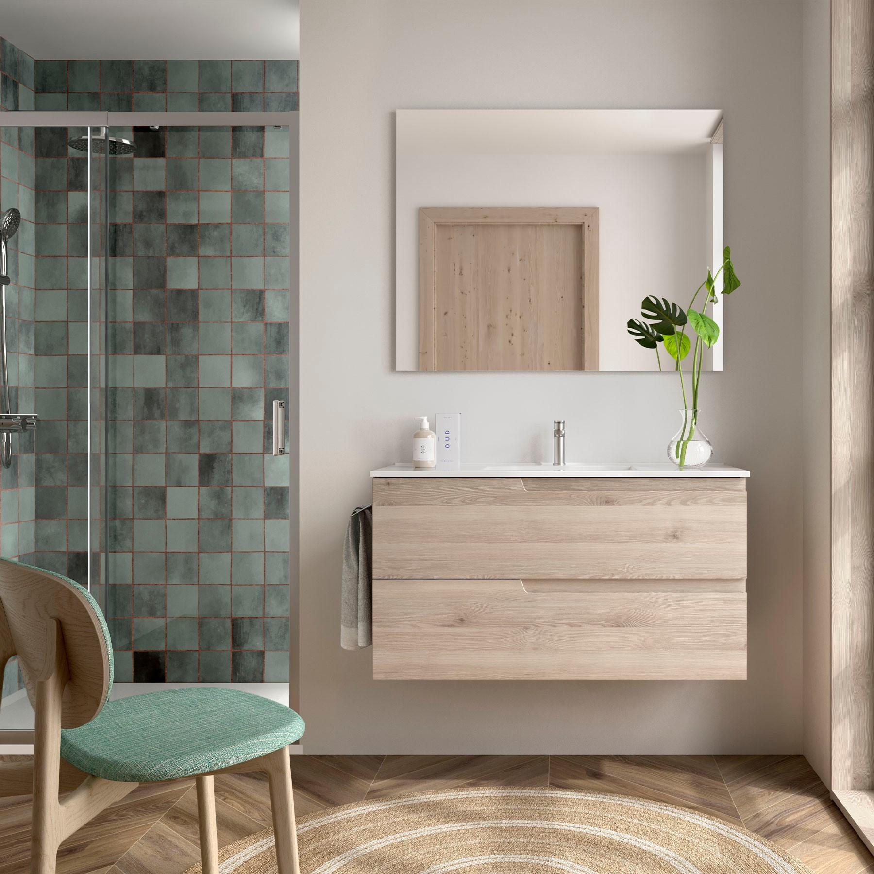 Mobile da Bagno Sospeso 100 cm Lavabo e Specchio Inclusi Natural | Salgar Vima
