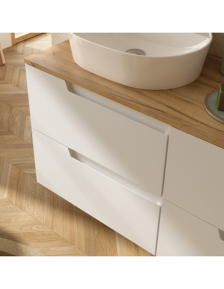 Mobile da Bagno Sospeso 80 cm Bianco Opaco con Top Rovere Africa e Specchio Incluso | Salgar Vima