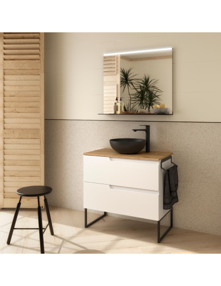 Mobile da Bagno Sospeso 80 cm Bianco Opaco con Top Rovere Africa e Specchio Incluso | Salgar Vima