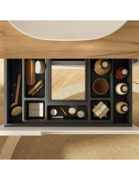 Mobile da Bagno Sospeso 80 cm Bianco Opaco con Top Rovere Africa e Specchio Incluso | Salgar Vima
