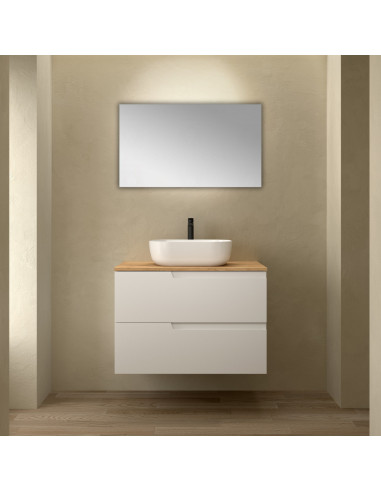 Mobile da Bagno Sospeso 80 cm Bianco Opaco con Top Rovere Africa e Specchio Incluso | Salgar Vima