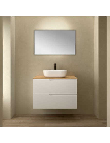 Mobile da Bagno Sospeso 80 cm Bianco Opaco con Top Rovere Africa e Specchio Incluso | Salgar Vima