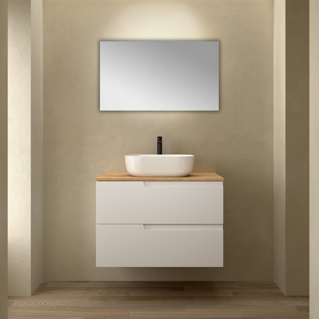 Mobile da Bagno Sospeso 80 cm Bianco Opaco con Top Rovere Africa e Specchio Incluso | Salgar Vima