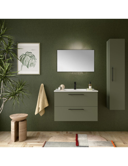Mobile da Bagno Sospeso 80 cm con Maniglia Anodizzata Nero Opaco Lavabo e Specchio Inclusi Verde Satinato | Salgar Silane